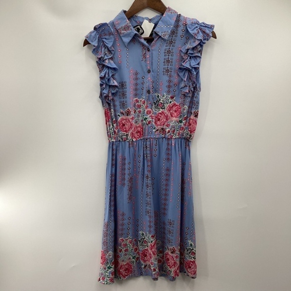 Angie Blue and Pink Floral Patterned Dress with Ruffle Sleeves